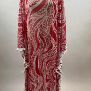 Red Gauze Pom Pom Caftan Dress